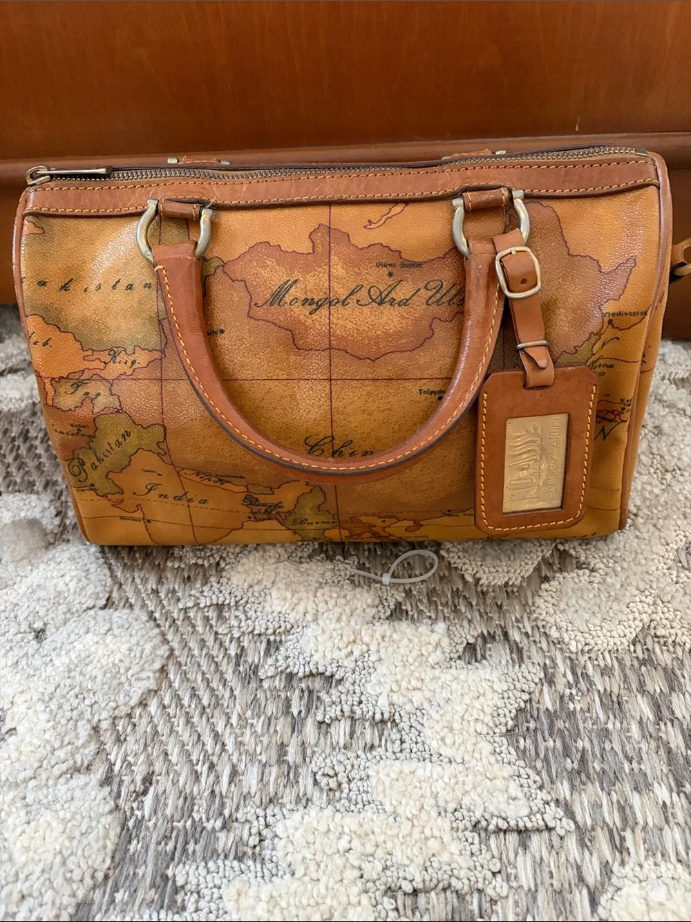 Alviero Martini Brown Map-Print Boston bag